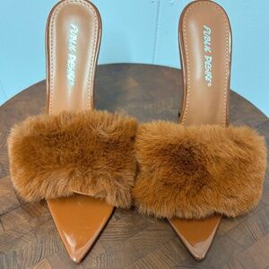 Public Desire Brown Faux Fur Heeled Mules Size 5